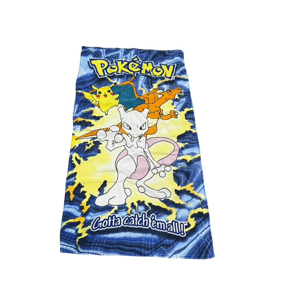 Vintage 1999 Pokemon Mewtwo Charizard Pikachu Beach Towel Nintendo Blue Cotton